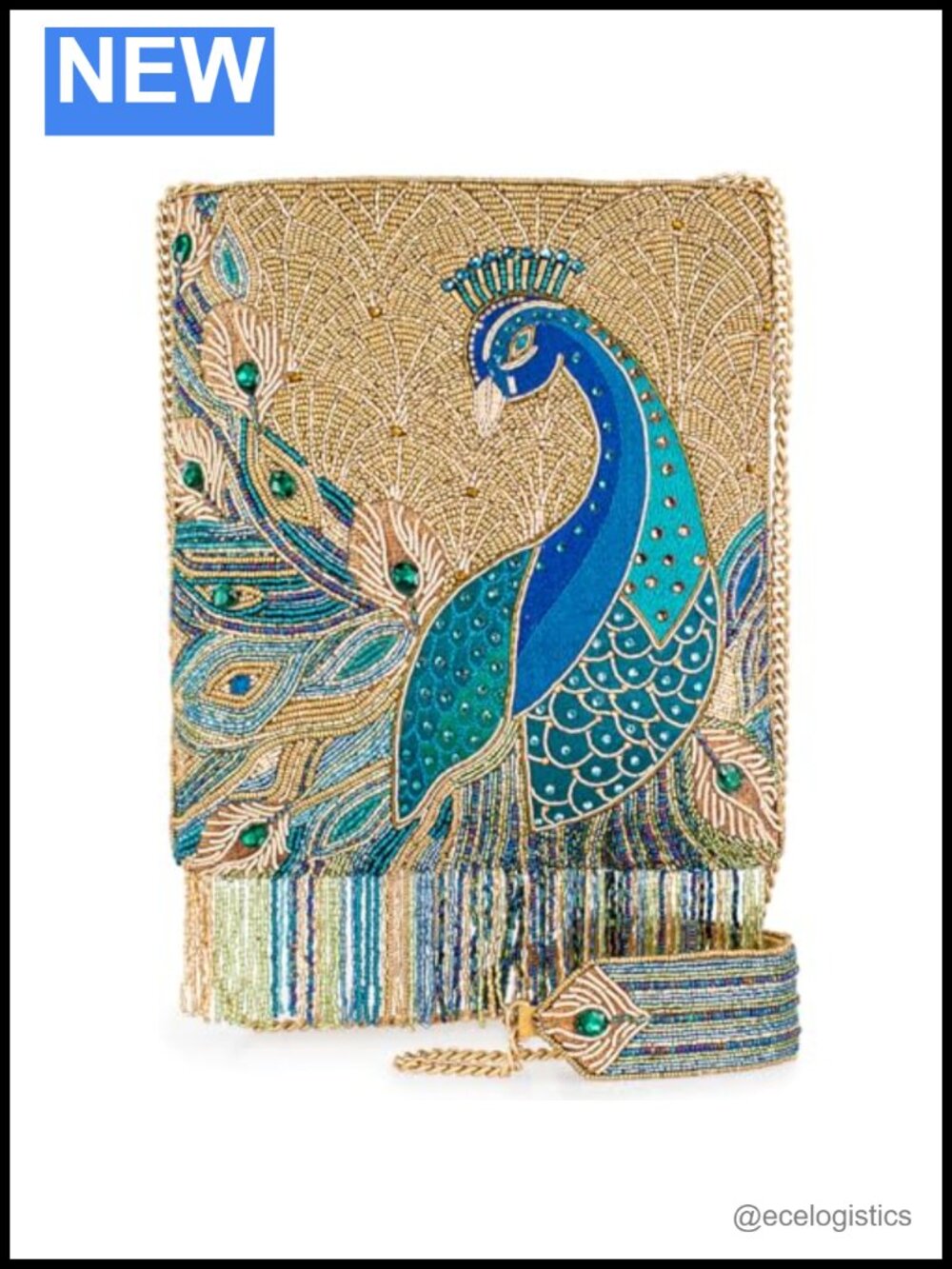 Beaded Peacock Feather Crossbody Handbag with Removable Strap